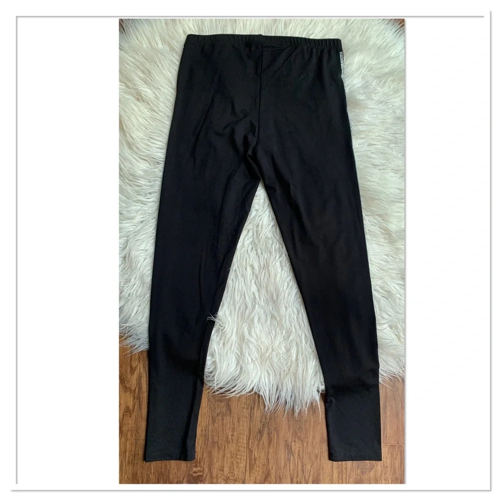 NWT Tricotto Rhinestone Side Stripe Leggings Black Silver Size Medium